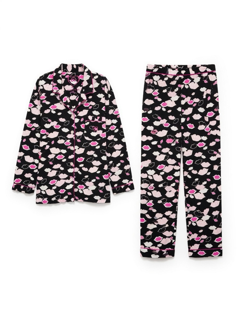 Victoria’s Secret Lip, Heart, And Kiss Print Flannel Pajama Set Size Large
